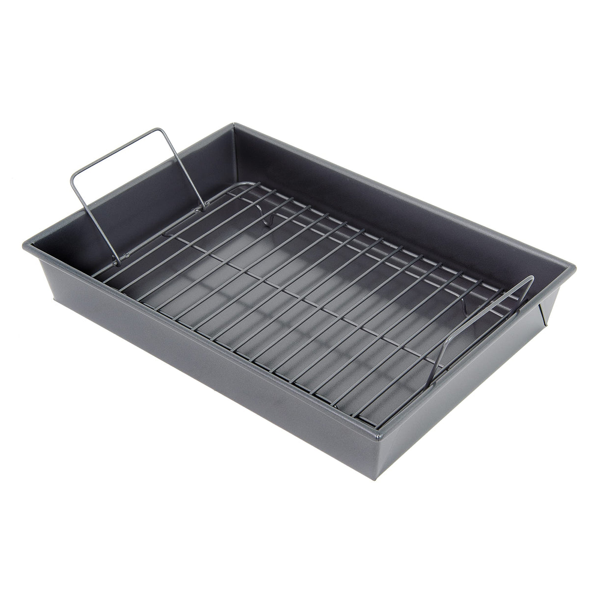 Rack elevates food to drain fats during roasting in Chicago Metallic pan.