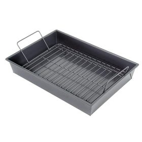 Rack elevates food to drain fats during roasting in Chicago Metallic pan.