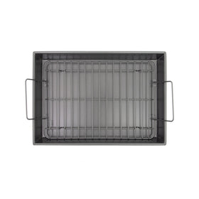 Large-capacity Chicago Metallic pan holds up to 25 pounds of meat.