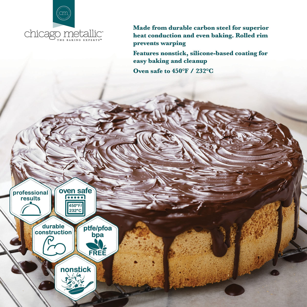 Chicago Metallic rolled rim prevents warping and preserves flat baking surfaces.