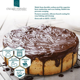 Chicago Metallic rolled rim prevents warping and preserves flat baking surfaces.