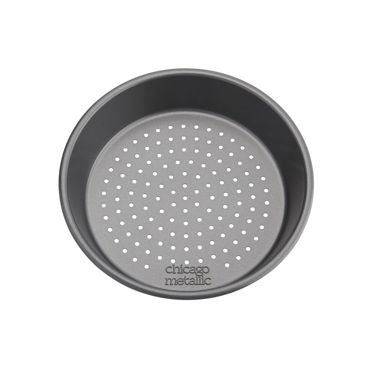 Chicago Metallic perforated-bottom pan enables airflow for a crispy crust on each bake.