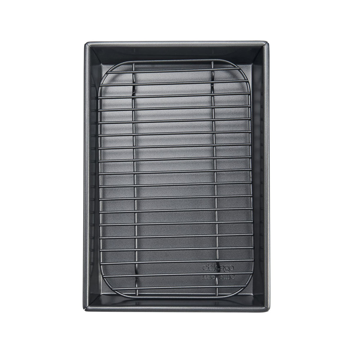 Chicago Metallic roast pan rack elevates airflow for crisper roasts.