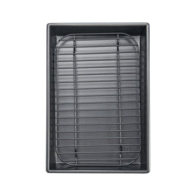 Chicago Metallic roast pan rack elevates airflow for crisper roasts.