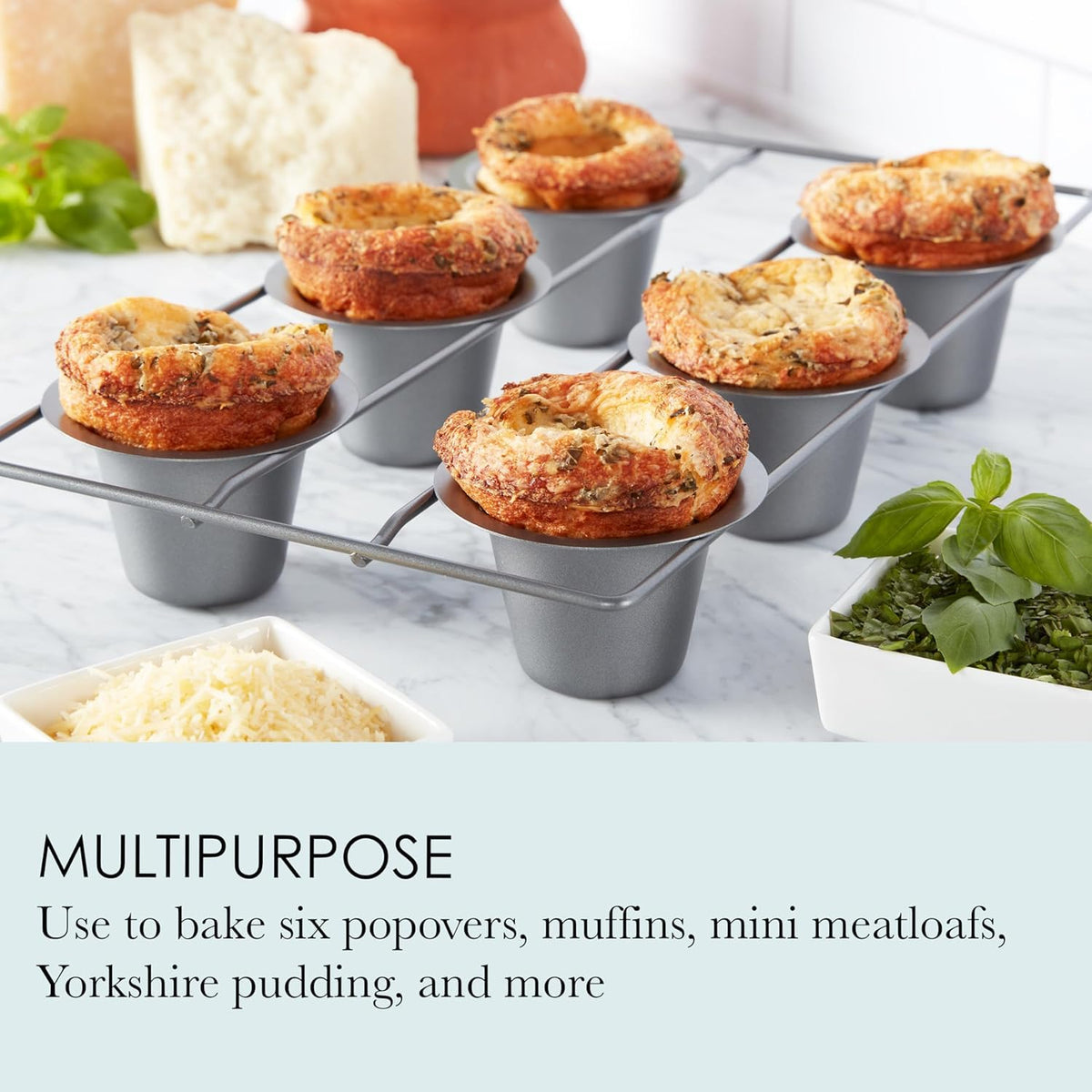 Close-up of popover pan cups highlighting deep tapered design for even baking