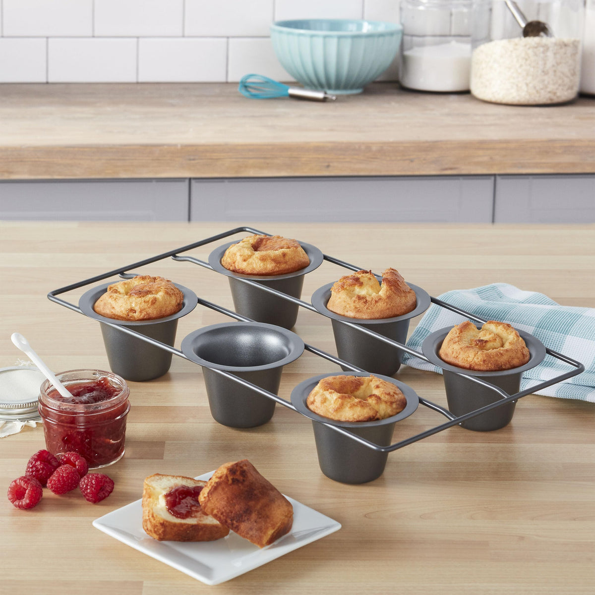 Chicago Metallic popover pan interior shows oven-safe labeling for versatile baking.
