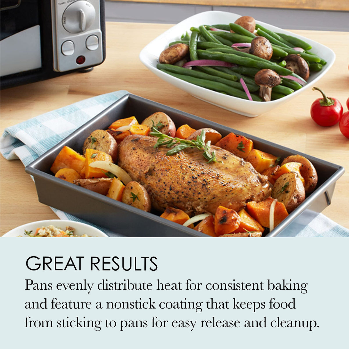 Chicago Metallic muffin pan provides non-stick release for quick, mess-free baking.