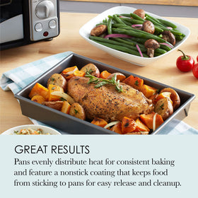Chicago Metallic muffin pan provides non-stick release for quick, mess-free baking.
