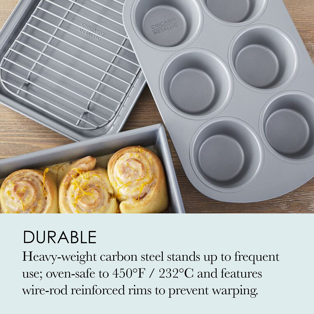 Chicago Metallic roast/cake pan shows even roasting for vegetables and small cakes.