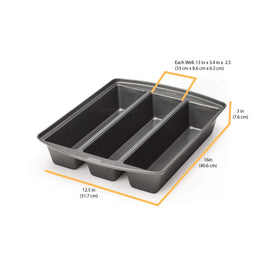 Closeup of non-stick coating on Chicago Metallic Lasagna Trio Pan for easy release.