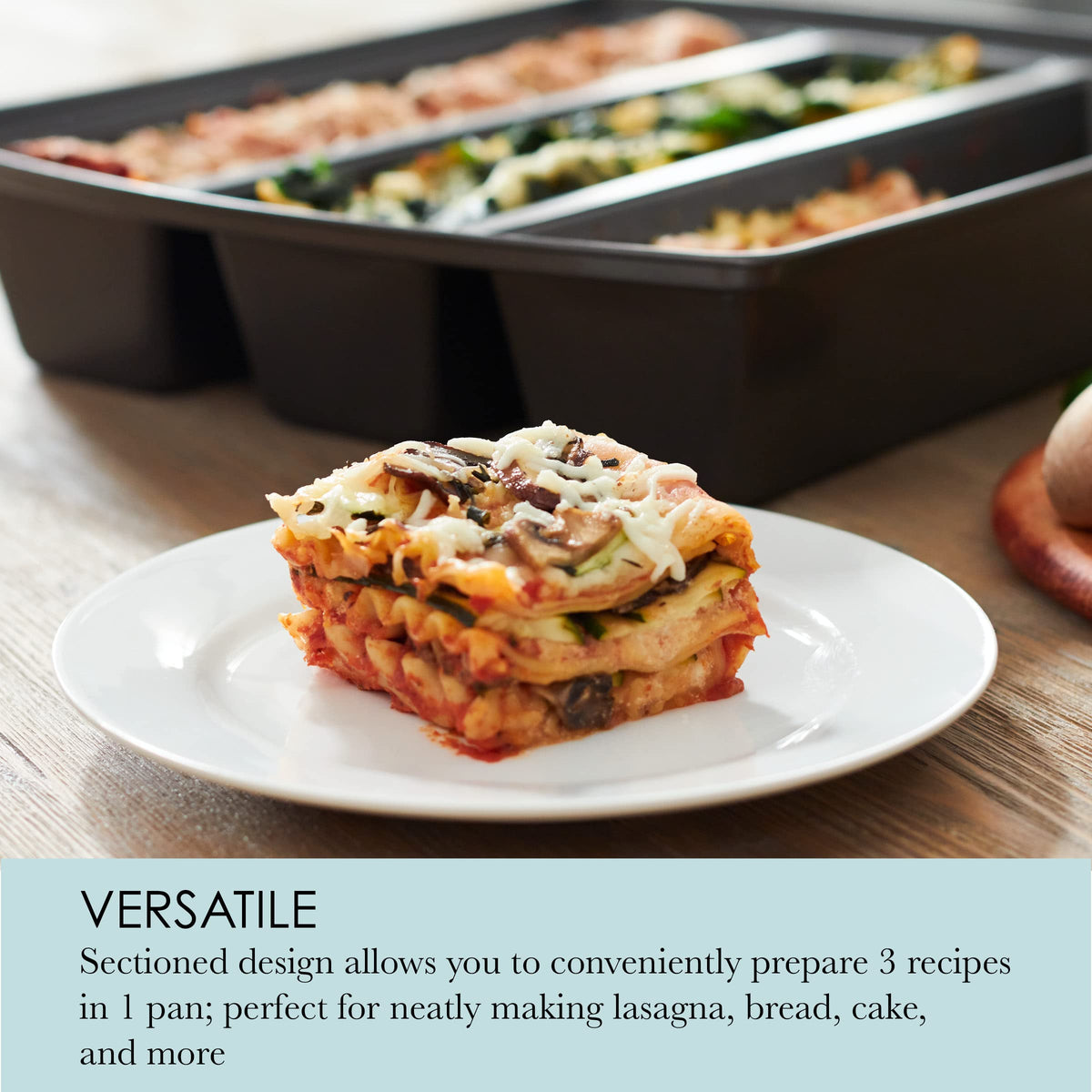 Chicago Metallic Lasagna Trio Pan ready to serve three dinners from one batch.