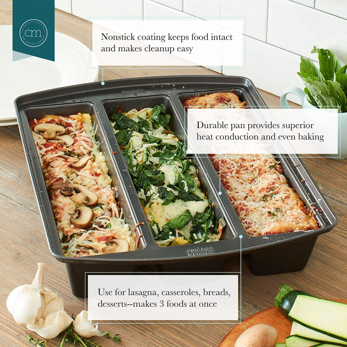 Chicago Metallic Lasagna Trio Pan side view highlights sturdy construction for even baking.
