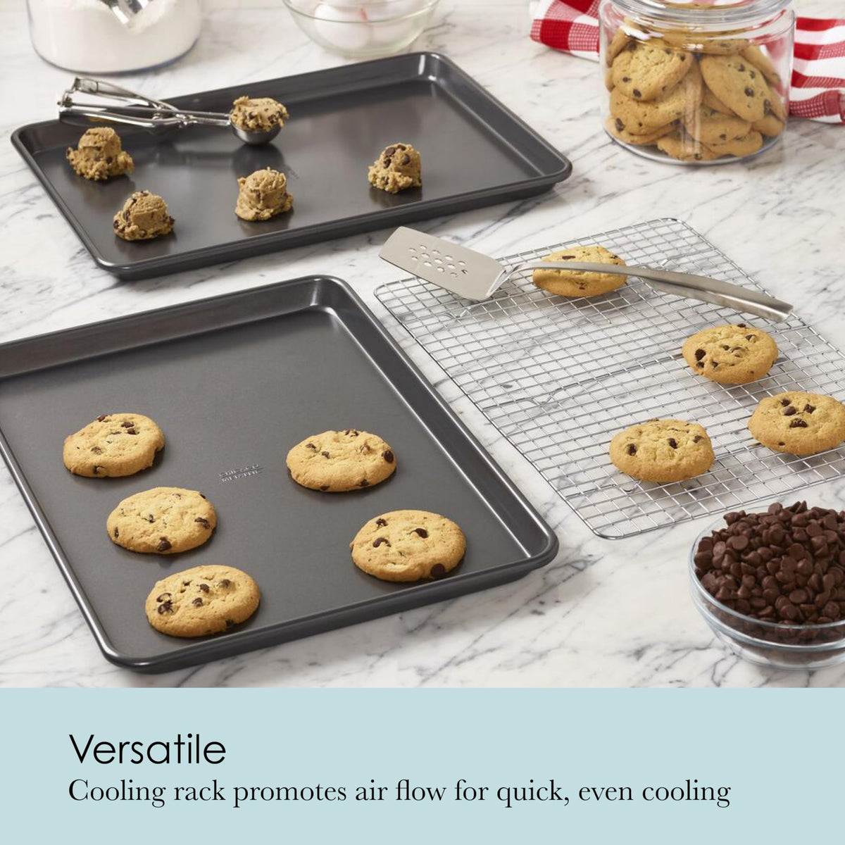 Chicago Metallic professional non-stick jelly-roll pan for clean release of rolled desserts.