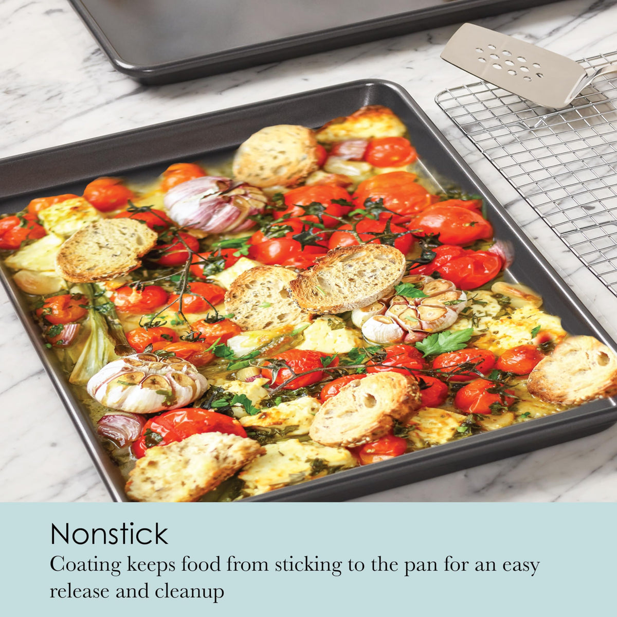 Chicago Metallic oven-ready bake set shown with two pans on a countertop.