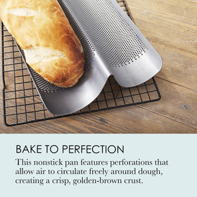 Chicago Metallic French bread pan bakes two loaves at once for efficiency.