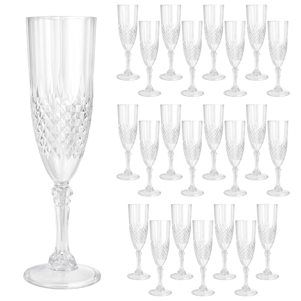 CHICERA 24-piece plastic champagne flutes packaged for weddings and celebrations.