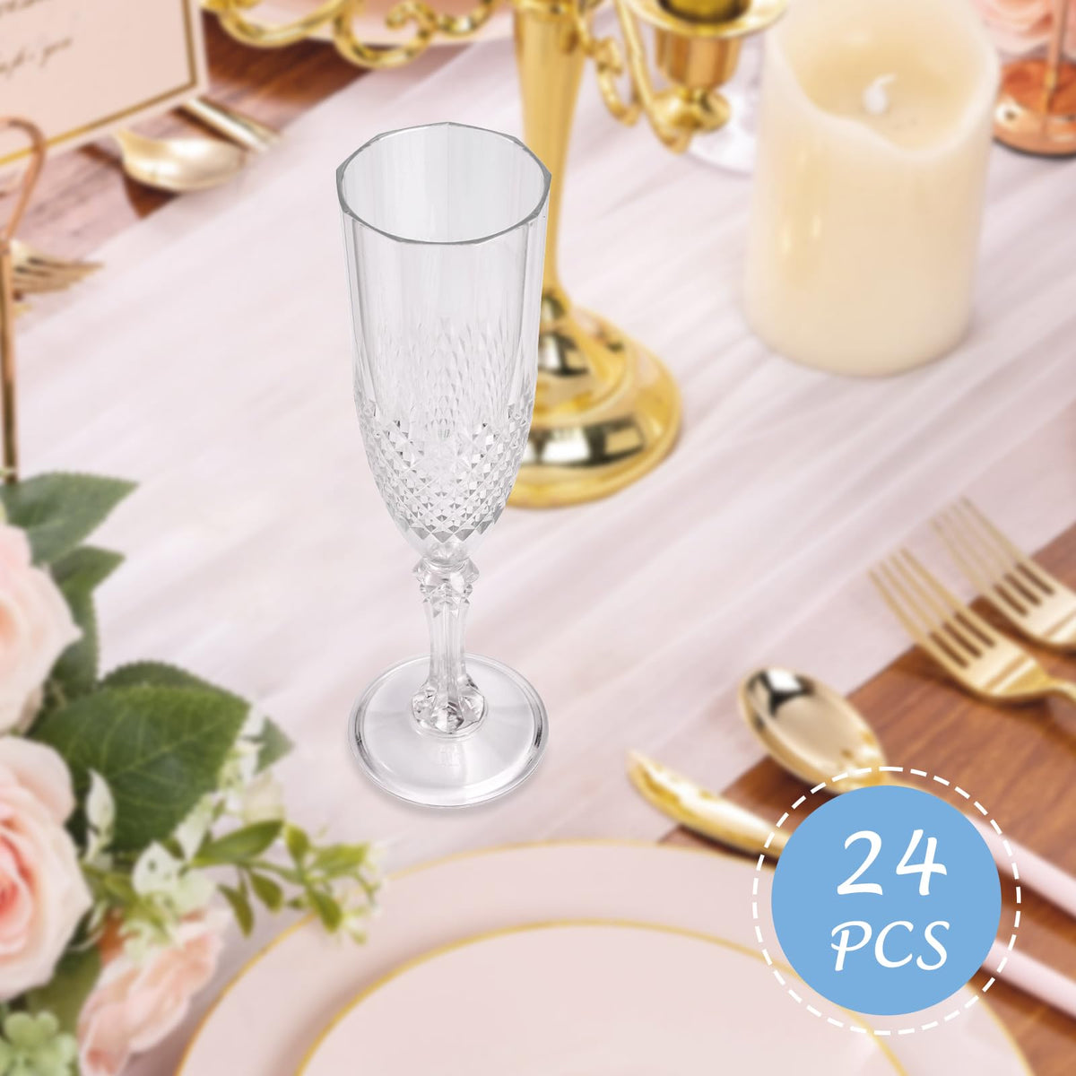 CHICERA wedding table setup with white champagne flutes for elegant toasts.
