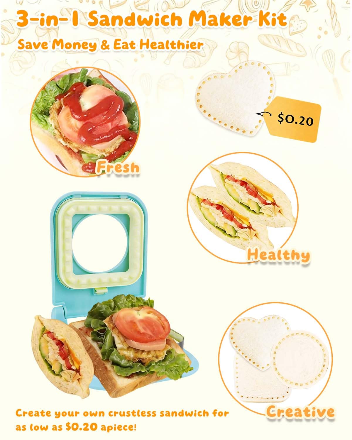CHICHAUS 3-in-1 square cutter creates neat crustless lunch shapes