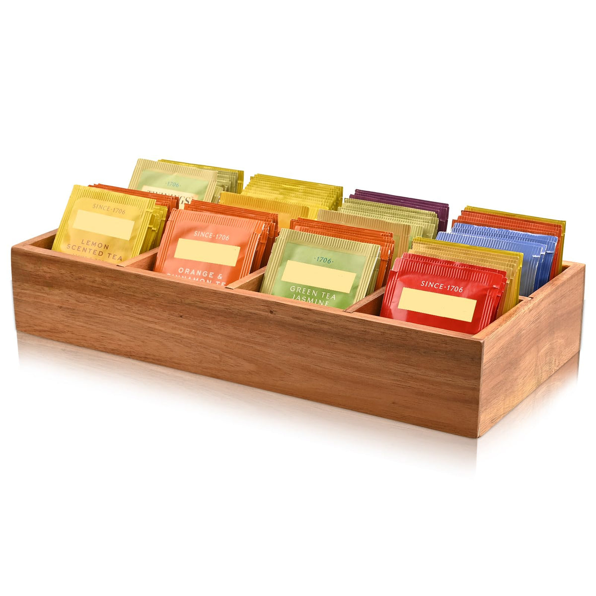 Chicvilla acacia tea bag organizer with eight slots for flavor sorting and easy access