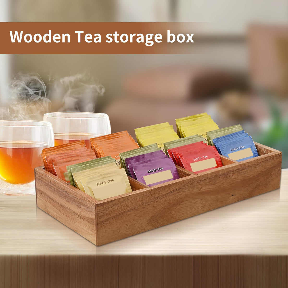 Chicvilla wooden tea box fits neatly in a drawer to keep countertops tidy