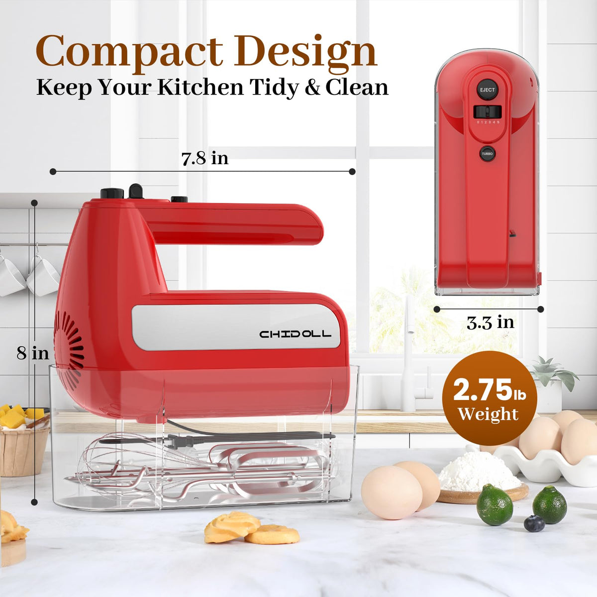 CHIDOLL red hand mixer on a kitchen counter