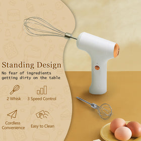Chidoyii cordless hand mixer showing dual stainless steel heads for even blending.