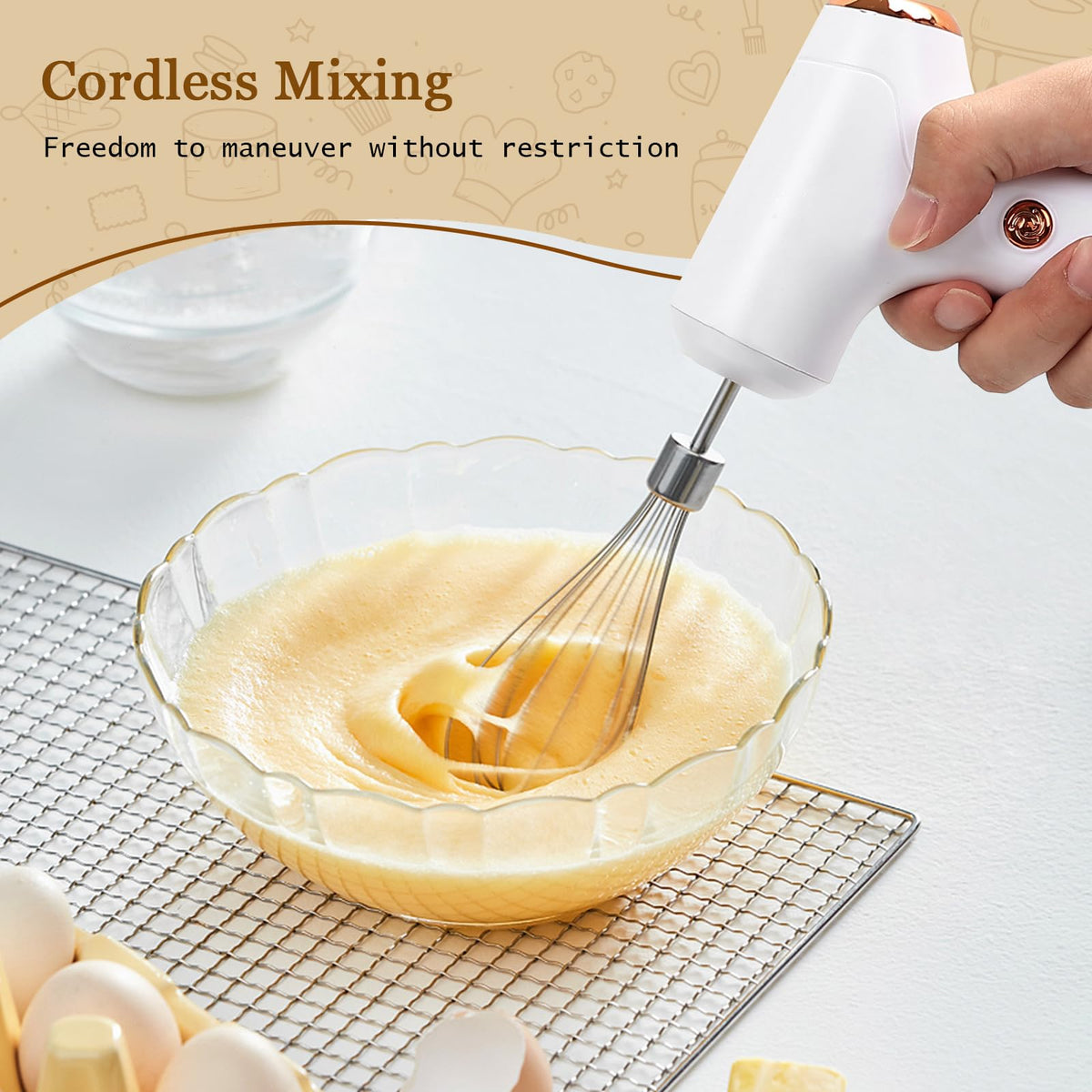 Chidoyii cordless hand mixer rests on its stand for tidy storage.
