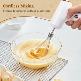 Chidoyii cordless hand mixer rests on its stand for tidy storage.