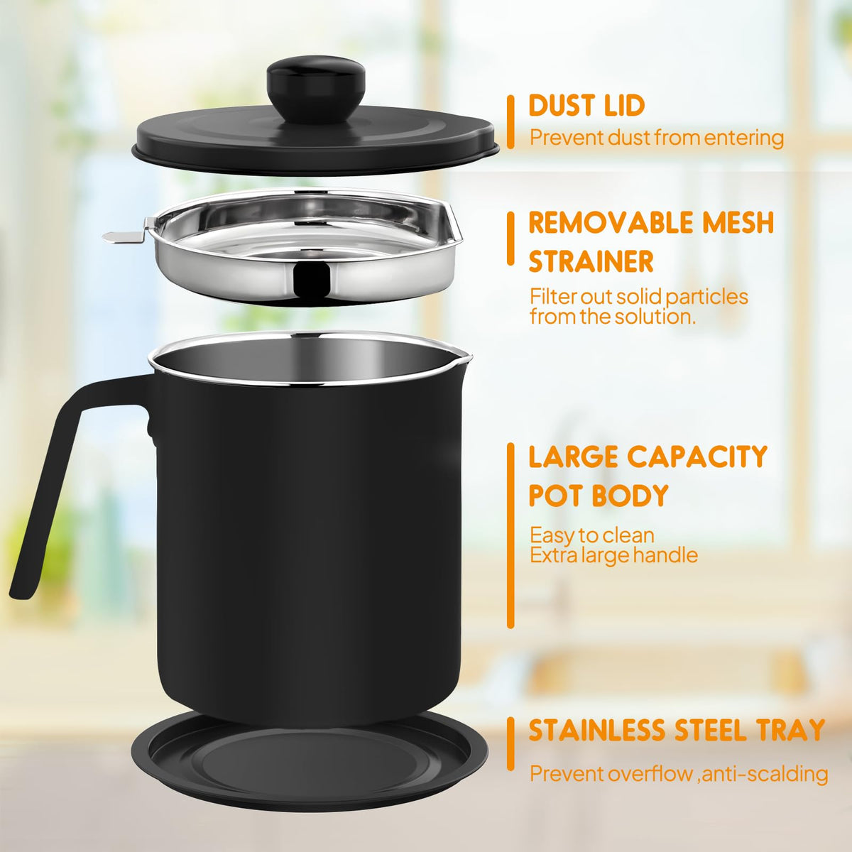 Chihee grease container with fine mesh strainer for cleaner oil.