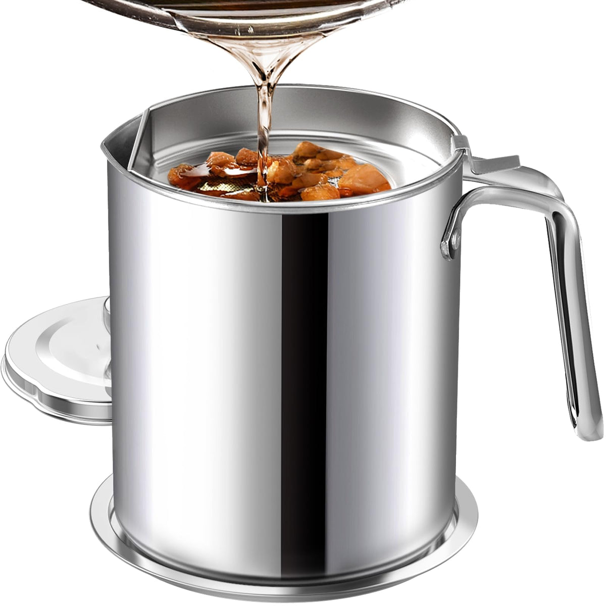 Chihee grease container with stainless steel body and fine mesh strainer for cleaner cooking oil
