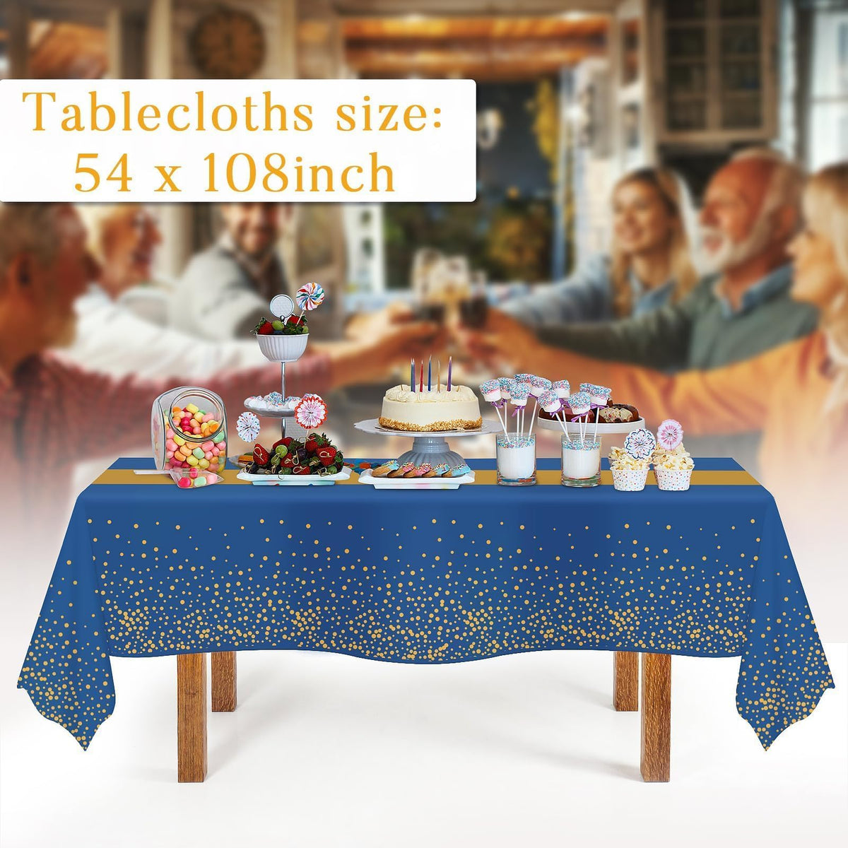 Childom blue-gold tablecloth pack spreads easily for quick party setup.