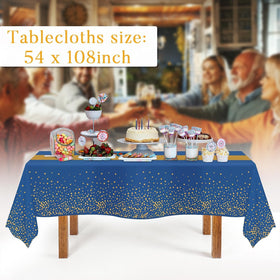 Childom blue-gold tablecloth pack spreads easily for quick party setup.