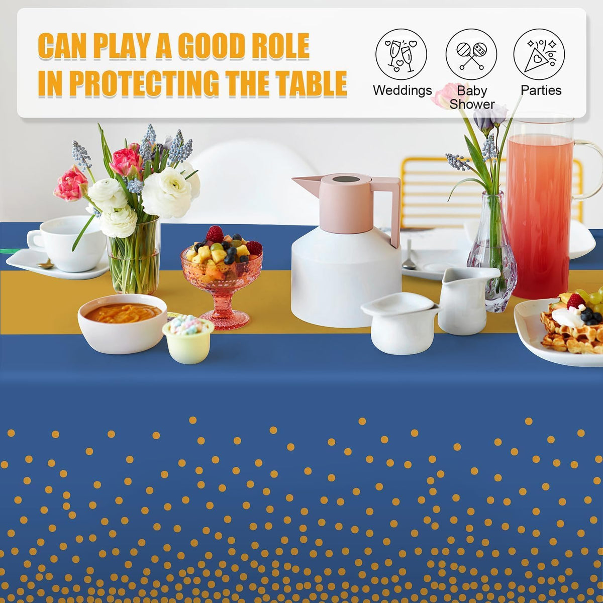 Childom tablecloth draped on an eight-foot table for elegant graduation décor.