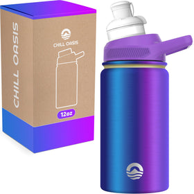 Chill Oasis water bottle front view highlighting durable 12oz stainless steel design for on-the-go hydration.
