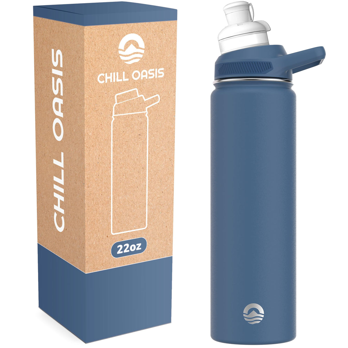 Chill Oasis Water Bottle navy front view showing 22oz capacity and durable construction.