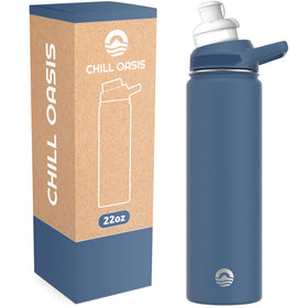 Chill Oasis Water Bottle navy front view showing 22oz capacity and durable construction.