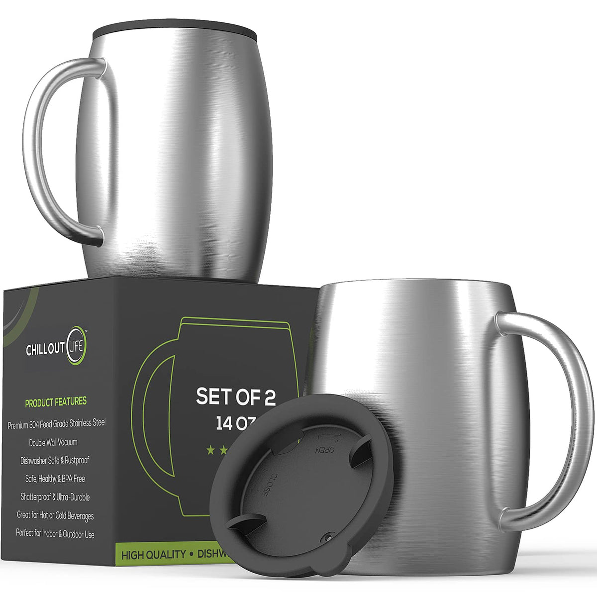 CHILLOUT LIFE stainless steel mugs 2pc with spill lid for on-the-go coffee enjoyment