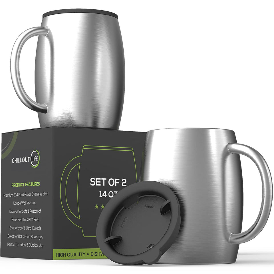 CHILLOUT LIFE stainless steel mugs 2pc with spill lid for on-the-go coffee enjoyment