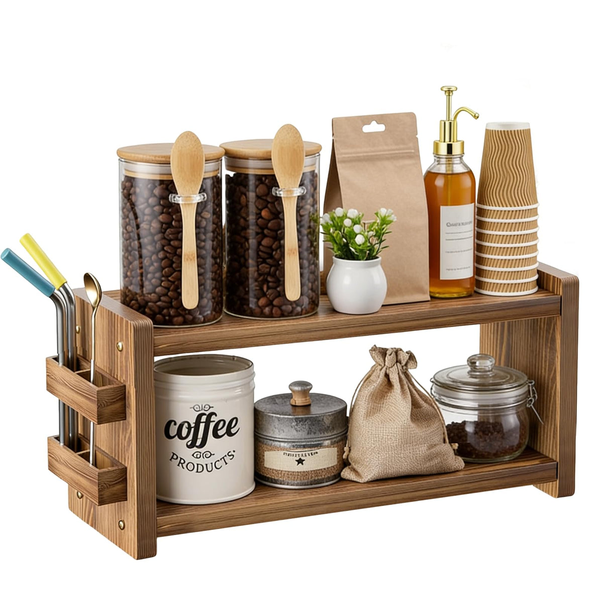 Chilinii solid wood coffee and matcha station top-tier view for easy access.