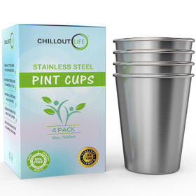 CHILLOUT LIFE 16 oz stainless steel pint cups in a four-pack, durable and stackable for travel.