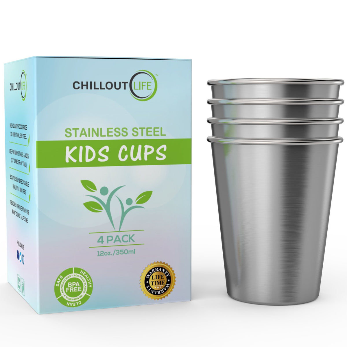 CHILLOUT LIFE stainless kids cups 12oz stackable for home and outdoor use, ideal for growing kids.