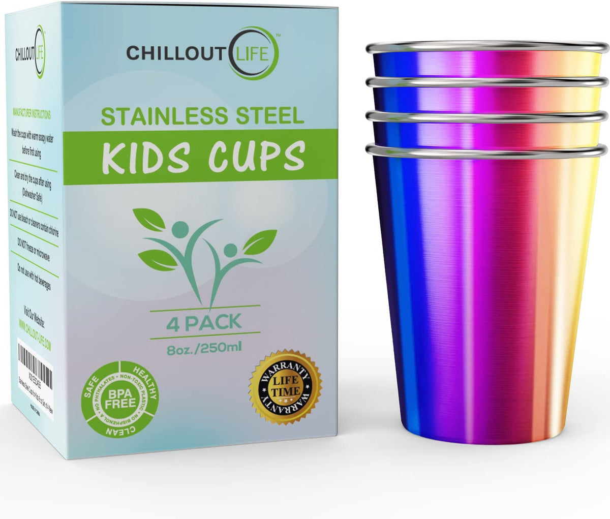 CHILLOUT LIFE rainbow finish stainless cups for kids, safe and travel-ready.
