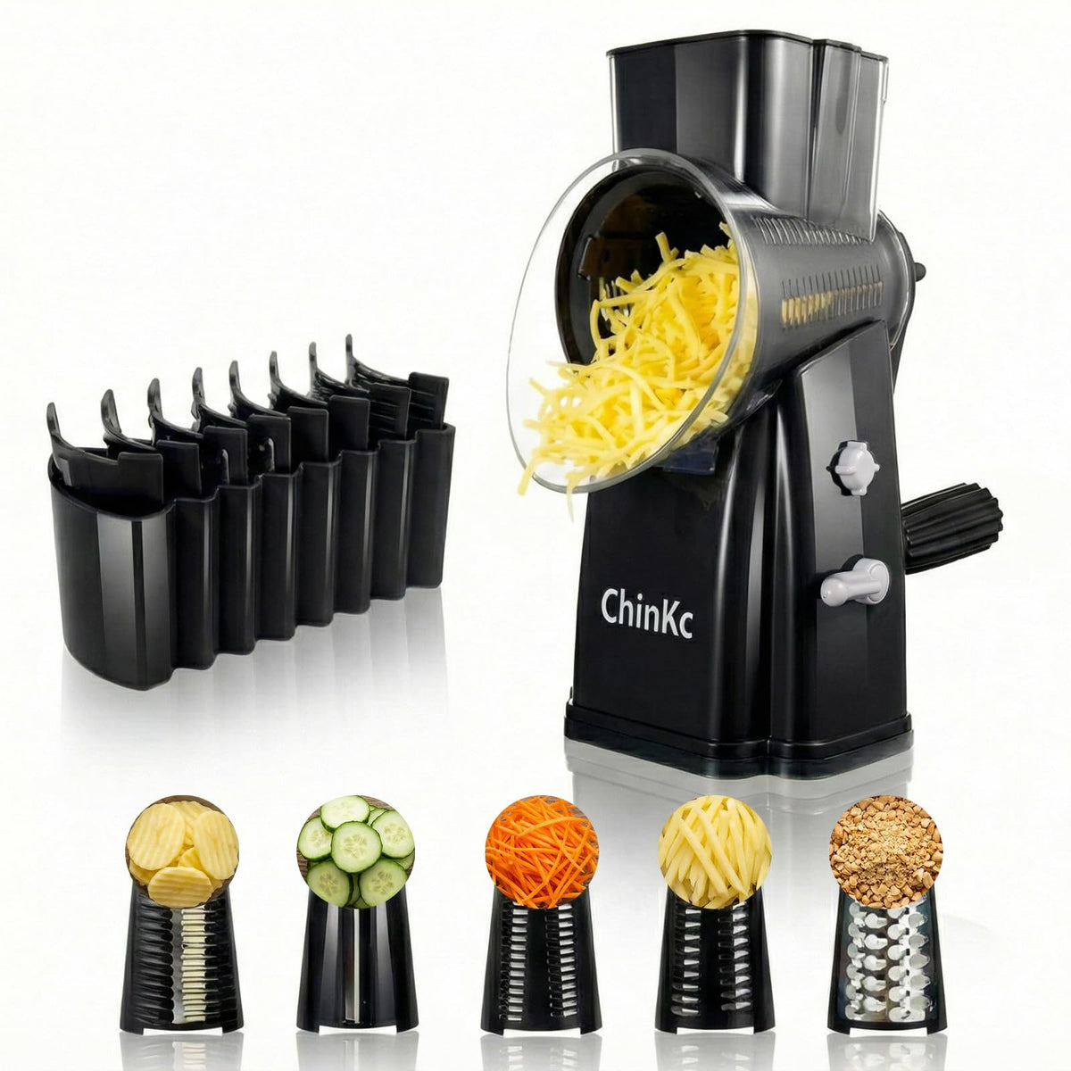 ChinKc upgrade rotary cheese grater with handle offers stable shredding on the counter.