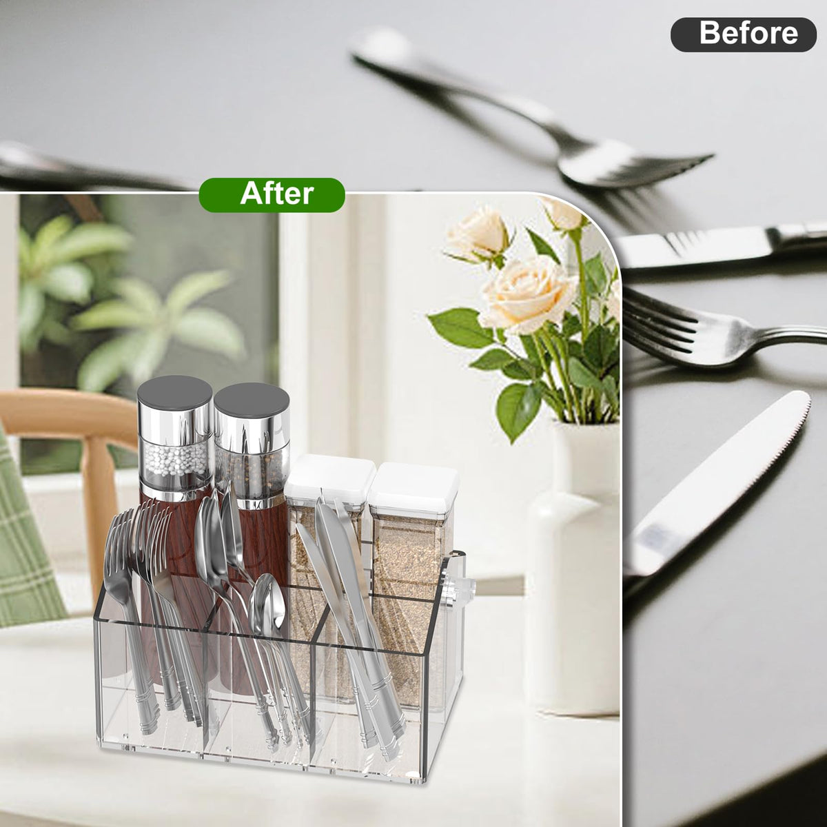 Chivalral four-section storage keeps cutlery and napkins organized.