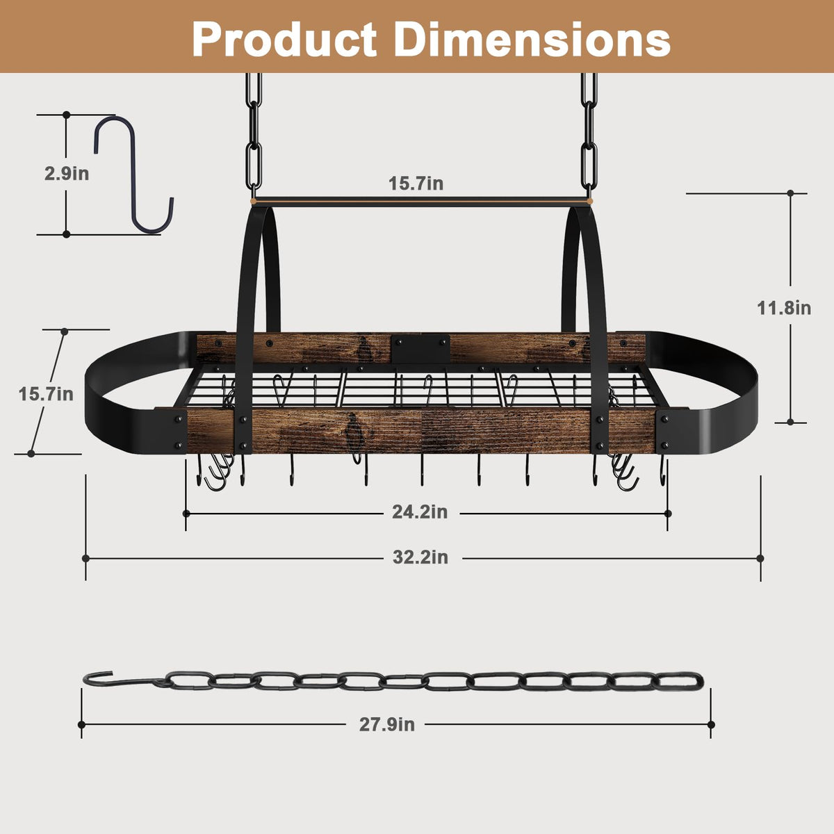 Chloraeon pot rack features 16 S-hooks for versatile cookware and utensil display.