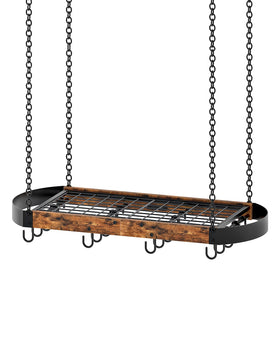 CHOEZON kitchen setup illustrates overhead storage for pots, lids, and tools