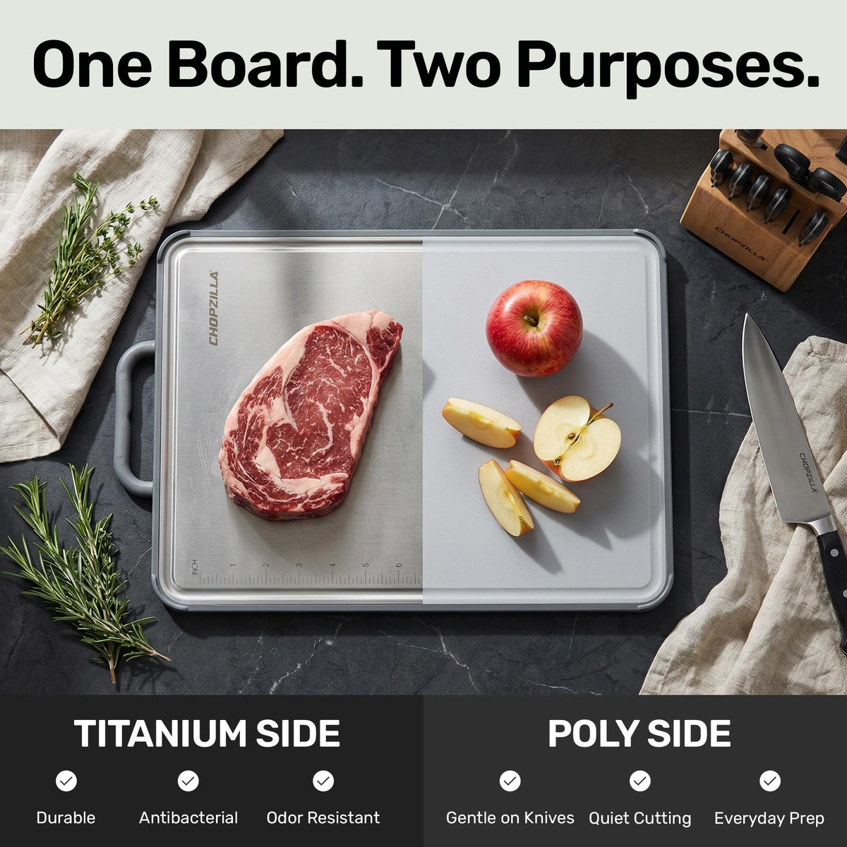 Chopzilla cutting board double-sided design separates proteins and produce for safer kitchen workflows.