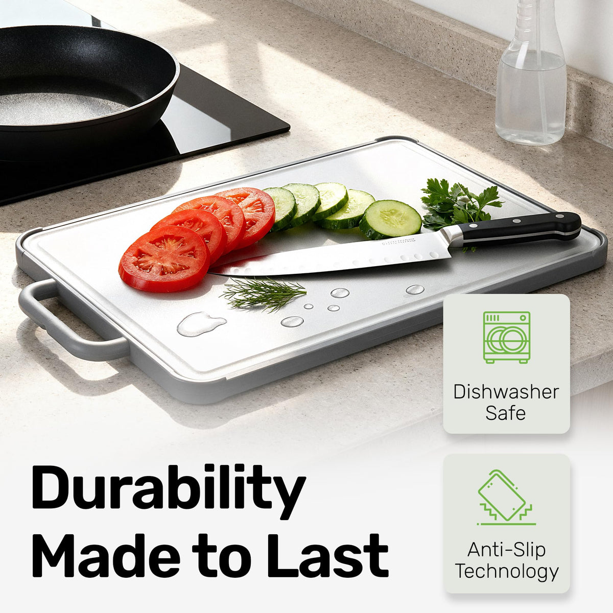 Chopzilla titanium surface is knife-friendly, helping preserve blade sharpness over time.