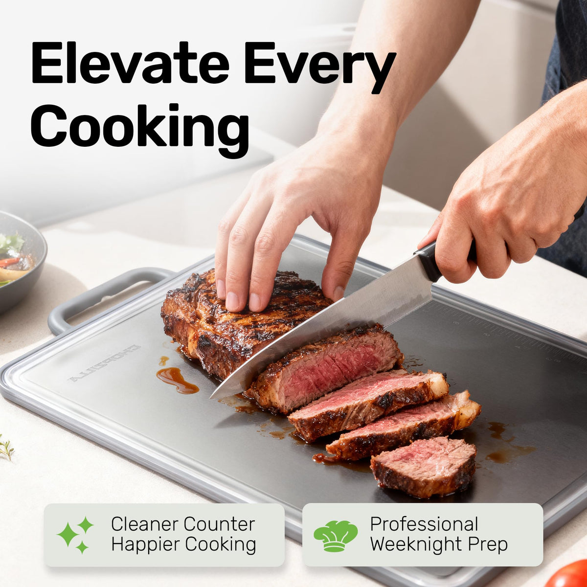 Chopzilla meat and produce separation on the double-sided board aids organization.