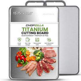 Chopzilla titanium cutting board top view showing a sturdy surface for all prep tasks.
